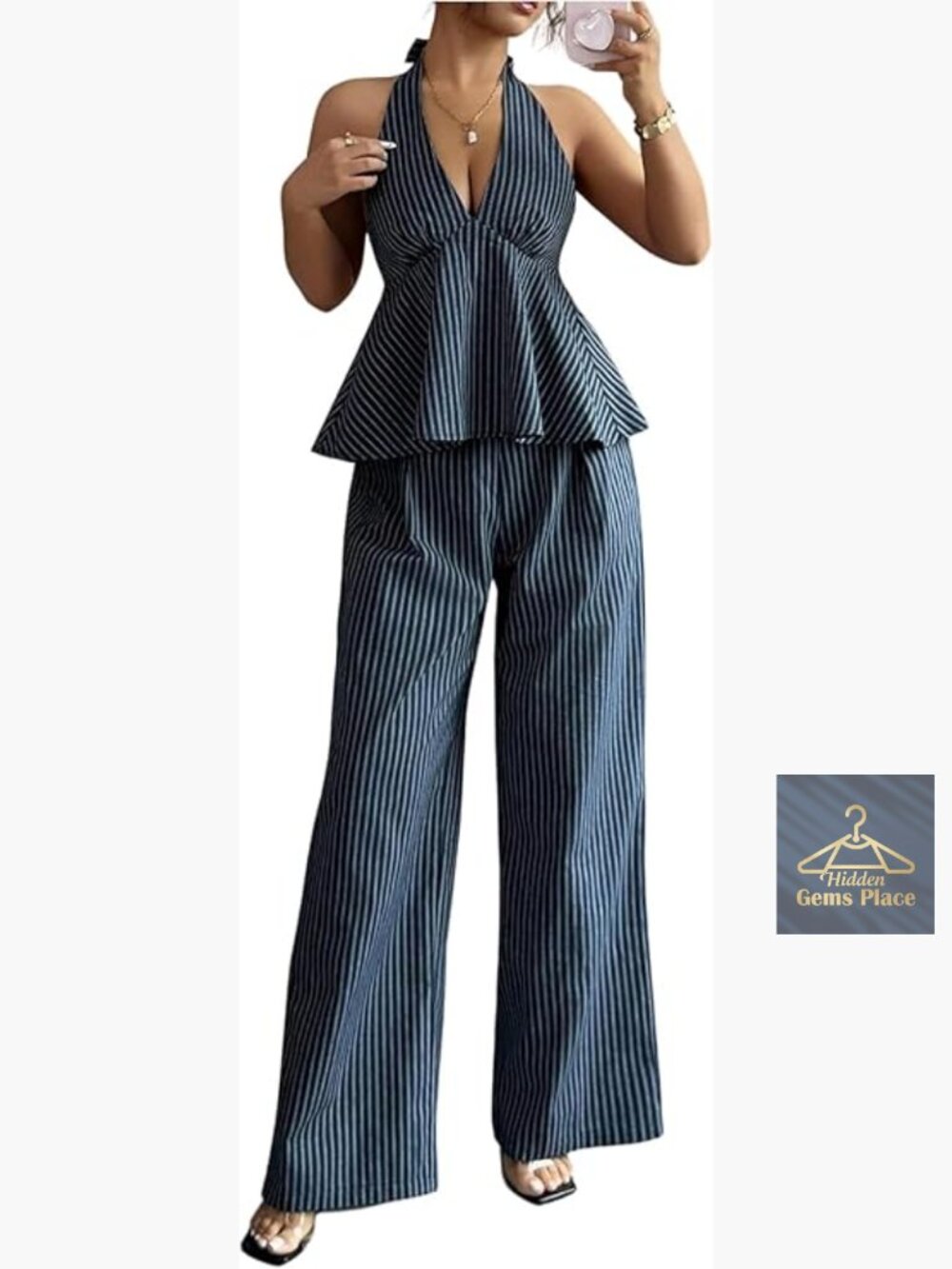 Women's Two Piece Matching Set Halter Top Wide Leg Pants Business Casual